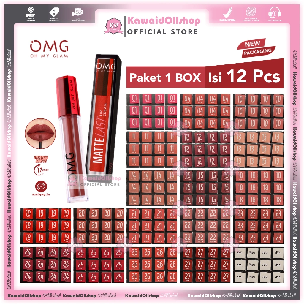 OMG Oh My Glam [BOX] Mattelast Lip Cream / Lipstick Paket 1 Box Isi 12 Pcs | Tahan Lama /Lusin (OMG LUSINAN)