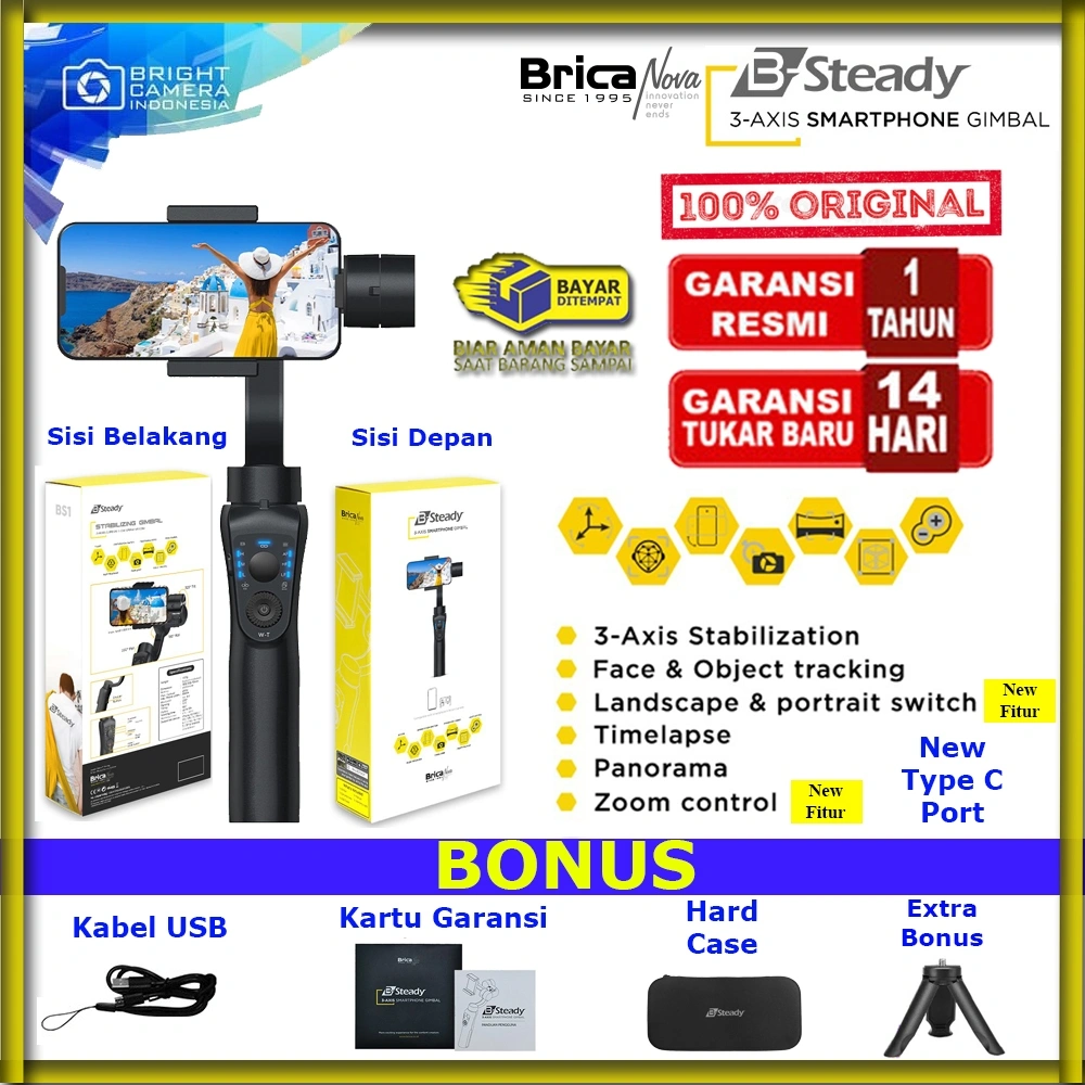 Brica Bsteady - 3 Axis Gimbal Stabilizer Smartphone - Free Tripod Mini - Garansi Resmi 1 Tahun