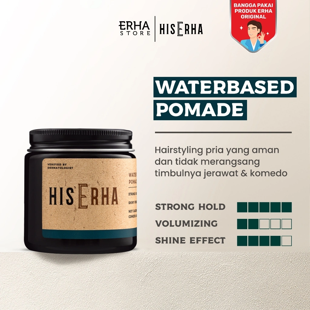 HIS ERHA Waterbased Pomade 120g - Hair Styling Pria Untuk Hasil Sleek, Strong Hold, Mudah Dicuci, Aman & Tidak Menyebabkan Timbulnya Jerawat & Komedo, Wangi Segar Maskulin, Verified by Dermatologist, Glyserin, Vitamin E, Promois, Phytenso