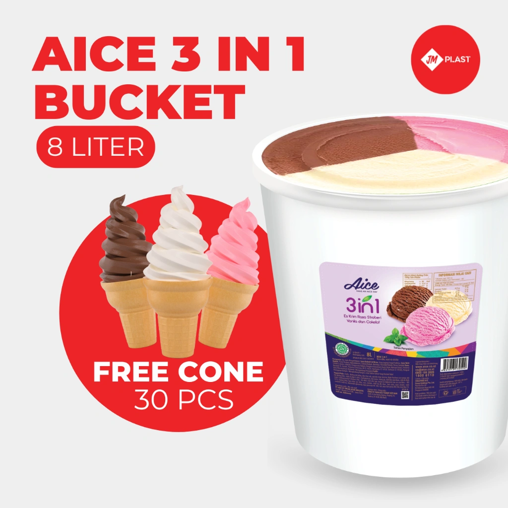 ES KRIM AICE HALOCOKO EMBER BUCKET 8 LITER / 5 LITER 3 IN 1 NEOPOLITAN VANILA COKLAT STROBERI GRATIS CONE READY STOCK
