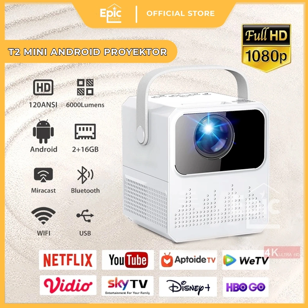 T2mini Proyektor Android TV 1080P Smart Projector 6000 Lumen Android 9.0 Ram 2G Rom 16G proyektor mini portable hp Home Theater Proyektor