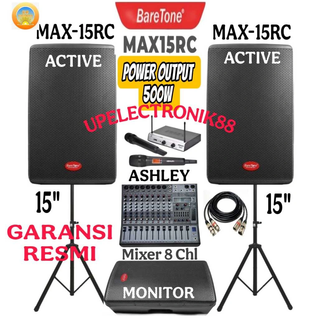 Paket Sound System Speaker Aktif 15 Inch Baretone MAX15RC+Mixer Ashley 8 Channel+1 Set Mic Wireless Komplit Set