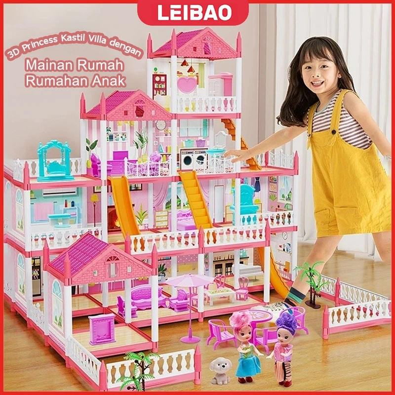 LEIBAO Mainan Rumah Rumahan Anak Perempuan 3D Princess Kastil Villa dengan Lampu dan Boneka Perakitan DIY Rumah Mainan