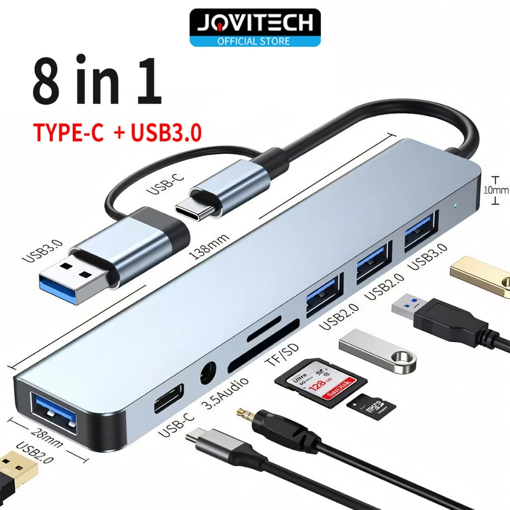 Jovitech DS08 Converter 8 in 1 Dual Connector Type C Hub Adapter Multi USB HUB Type-C to USB HUB 3.0 Type C Ke USB Plug and Play HDMI TF Card Reader