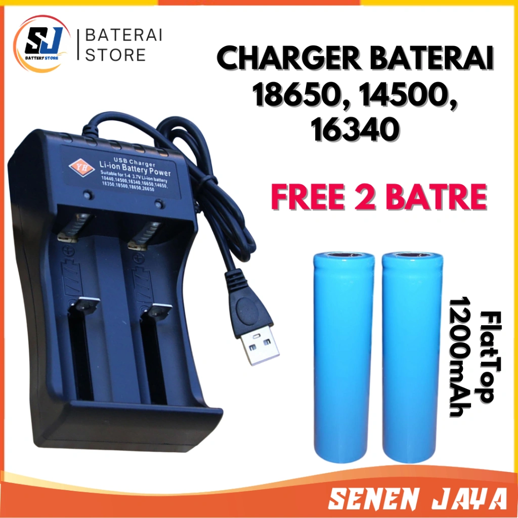 BONUS 2 PCS BATERAI!!! Charger Baterai 18650 14500 16340 Kabel USB 2 Slot Casan Batre Vapee Senter Police Desktop Charger 2 Slot