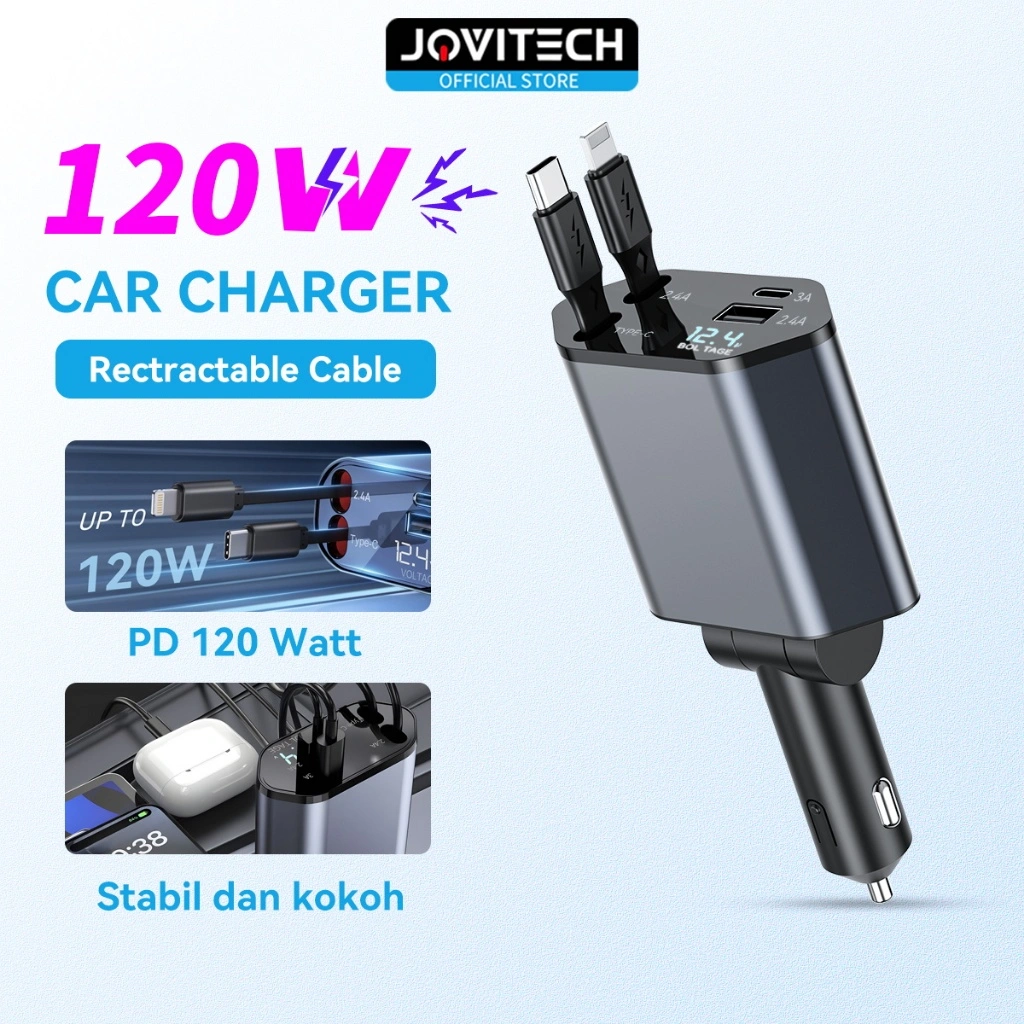 Jovitech CC20 Cable Car Fast Charger Colokan Mobil 4 In 1 PD 120W USB Type C & Lightning Fast Charging With Retractable Cable