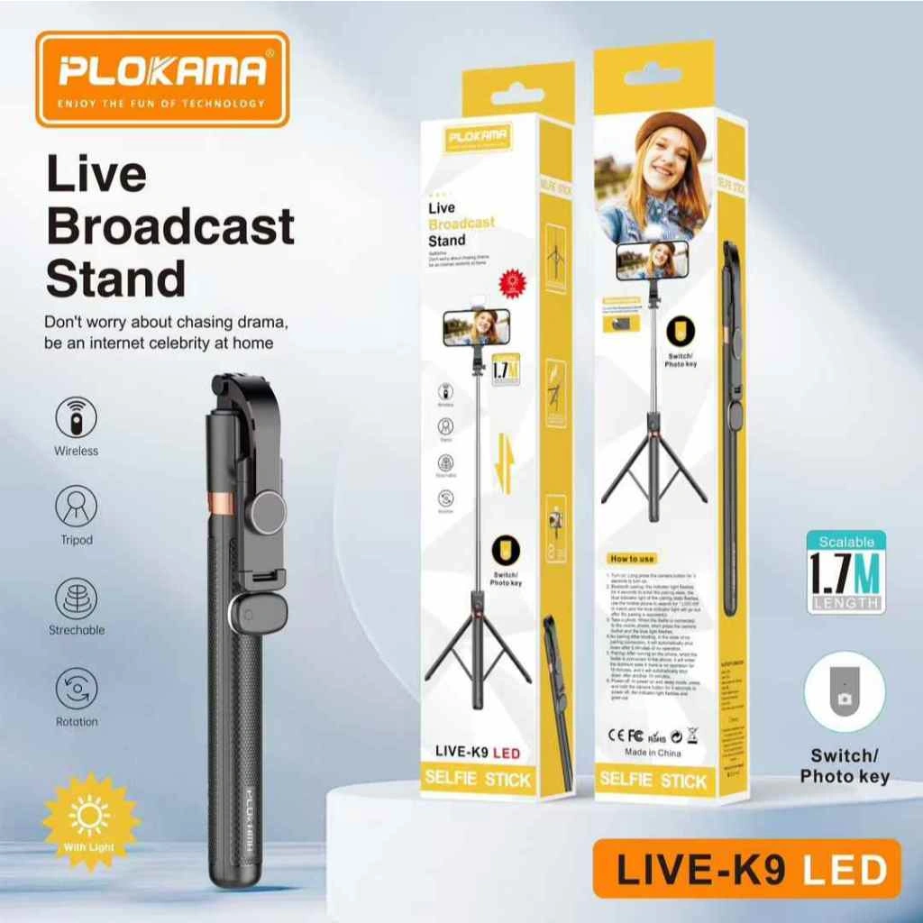PLOKAMA K9 LED Tongsis Tripod Bluetooth Selfie Stick 4 in 1 Led Lampu Remote Multifungsi 3 in 1 170cm 160cm 1.7 Meter With Fill Light