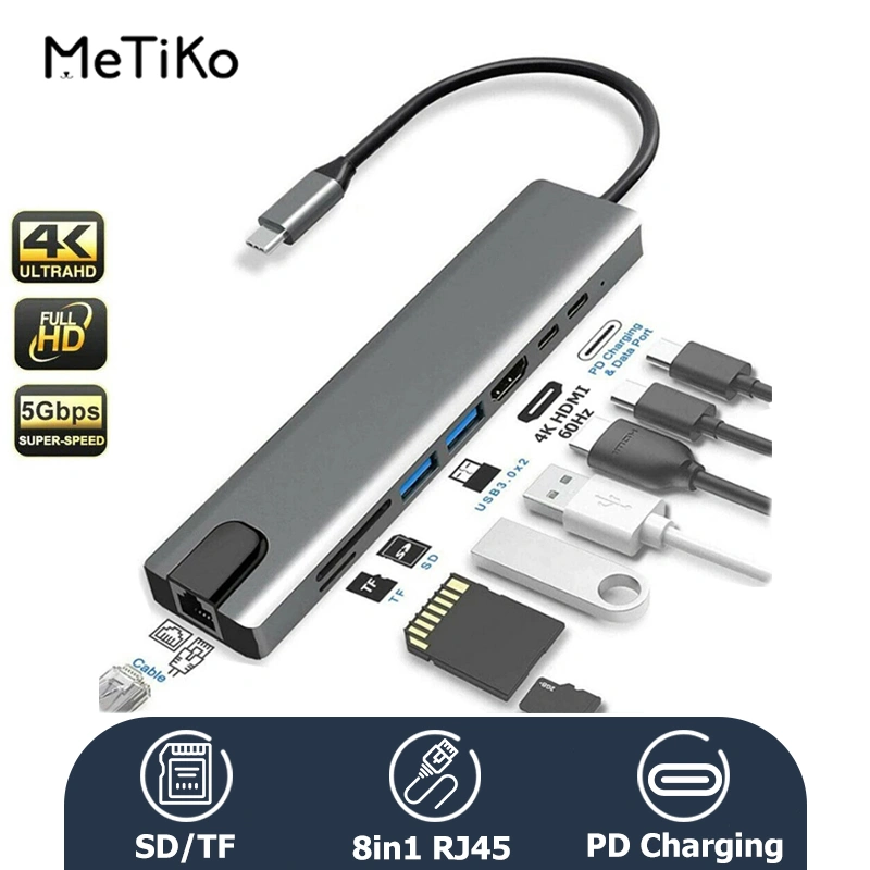 MeTiKo 8IN1 USB HUB CONVERTER Type C Adapter 8in1 Type C 3.1 to USB C 4K HDMI Kabel 100M Fungsi OTG Support SD TF Card Reader PD Fast Charge adaptor