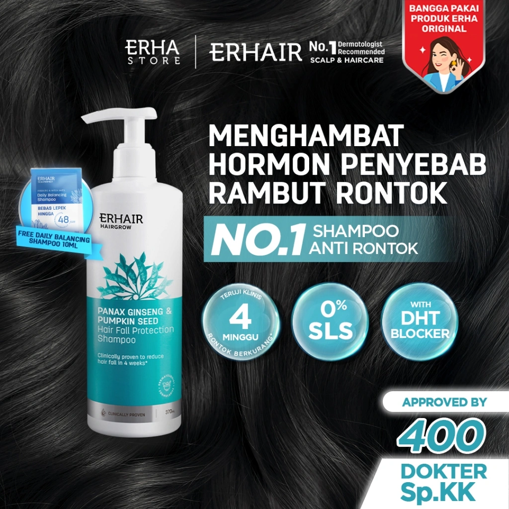 [BEST SELLER SHAMPOO HAIR FALL] ERHAIR HairGrow Shampoo NON SLS 370ml | Hair Shampoo | Sampo Rambut | Mengatasi rambut rontok kebotakan  | Panax Ginseng & Pumpkin Seed | DHT Blocker