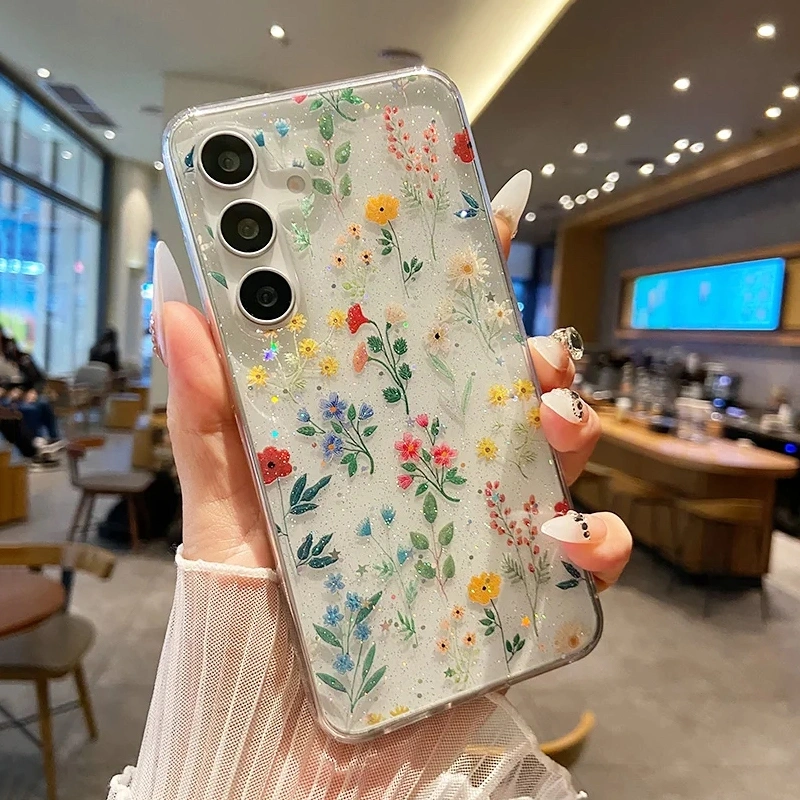 Fashion Glitter Bunga Kupu-kupu Epoxy Soft Transparent Phone Case For Samsung Galaxy A56 A55 A54 A53 A36 A35 A17 A16 A15 A06 A05S M14 S25 S24 FE S23 S22 S21 + Note 20 Ultra 5G Shiny Sequins Flower Phone Cover Clear Silicone Phone Casing Skin