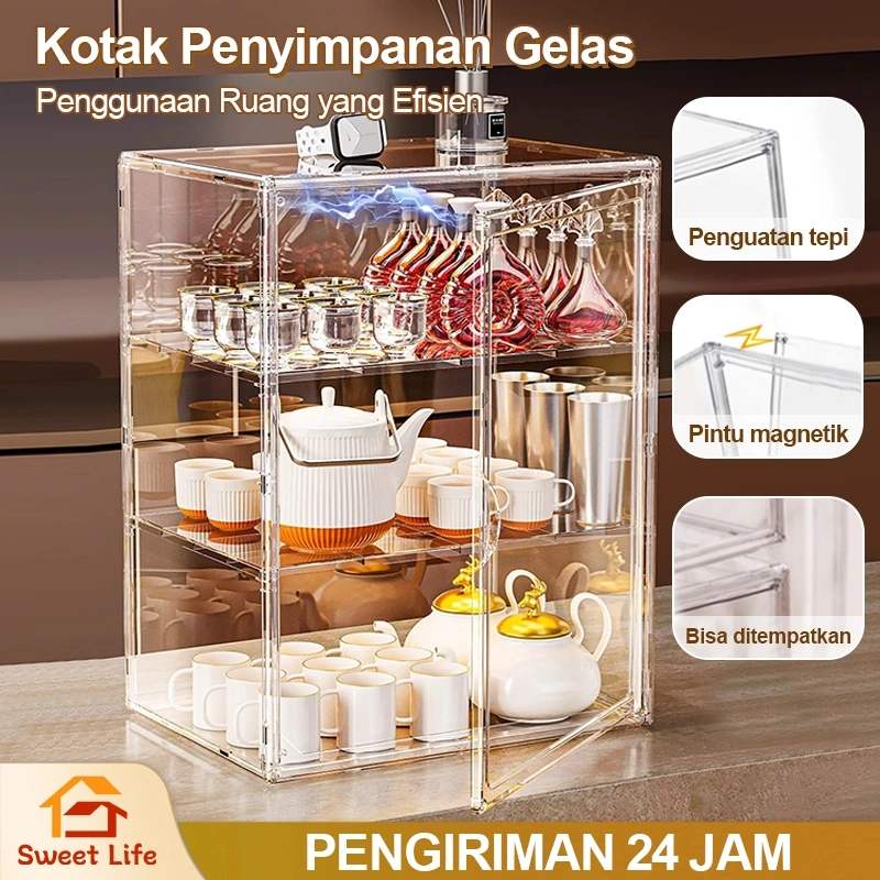 Sweet Life_ Kotak Penyimpanan Gelas Akrilik Organizer Mug Transparan Anti Debu - Rak Penyimpanan Meja Minimalis/Tempat Pengering Gelas/Rak Penyimpanan Gelas Makanan Mewah