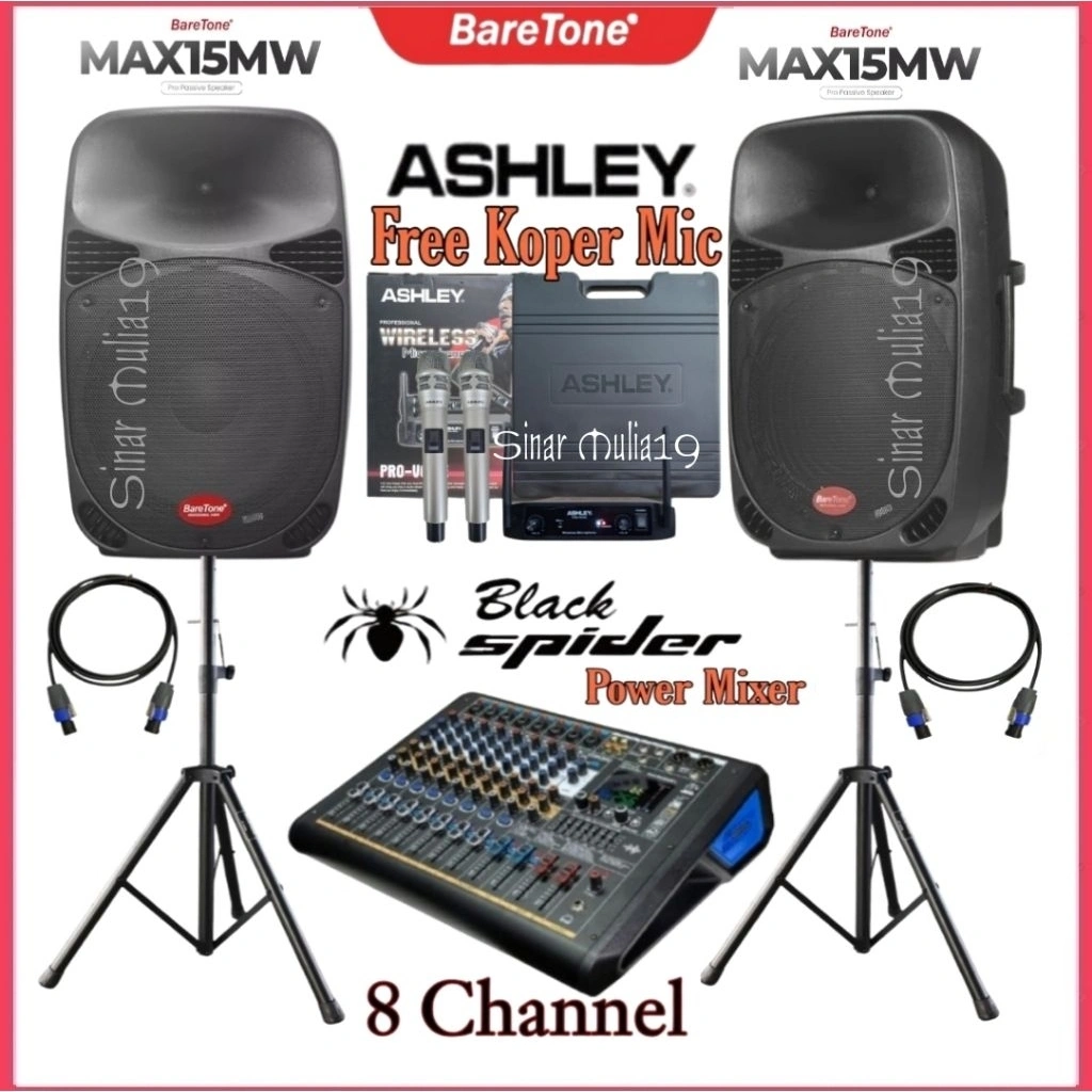 Paket Sound System Karaoke Speaker 15 Inch BareTone Power Mixer 8 Channel Blackspider Bluetooth Mic Wireless Ashley Original ( Free Koper Mic)