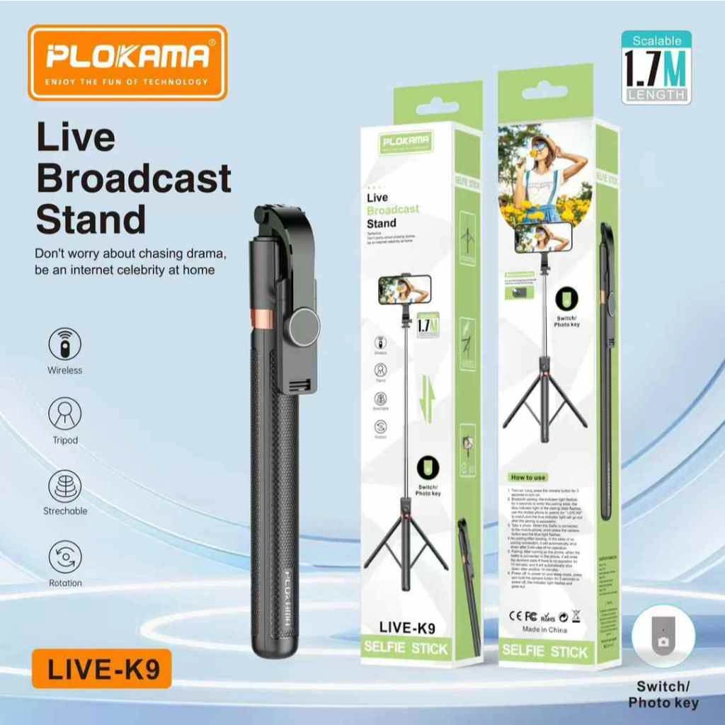 PLOKAMA K9 Tongsis Tripod Bluetooth 3 in 1 Selfie Stick Tripod 170CM 1.7 Meter