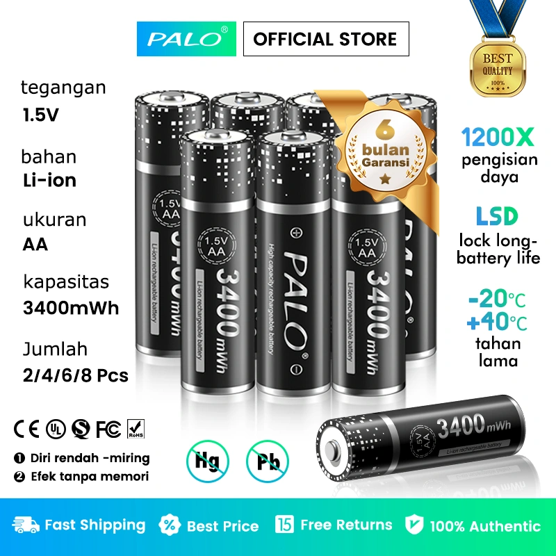 PALO Baterai Cas Isi Ulang 2/4/6/8Pcs AA A2 1.5V 3400mWh Long Battery Life Rechargeable Lithium Batre With Baterai case