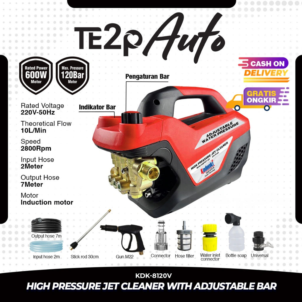 Kodenki Mesin Jet Cleaner Cuci AC Mobil Motor Car Kendaraan KD-8120V Fitur Pengaturan Bar - Alat Steam High Pressure Washer Cleaning Pencuci Bertekanan Tinggi Variable Bar Speed Up To 120Bar - Alat Penyemprot Air Pencuci Perkarangan Kebun