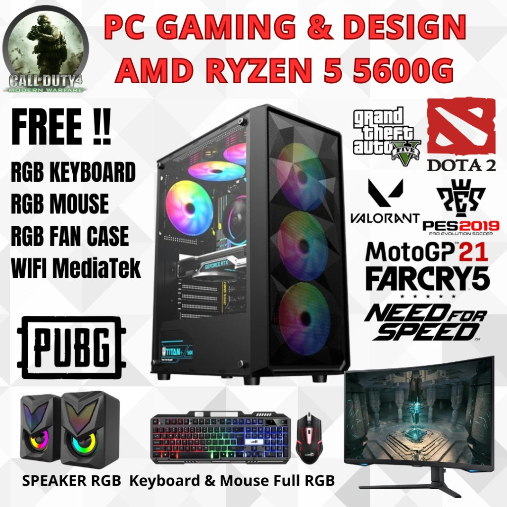 PC GAMING & DESIGN AMD RYZEN 5 5600G 5600GT 5500GT SSD NVME 1TB HDD 500GB LED 24 inch Gaming