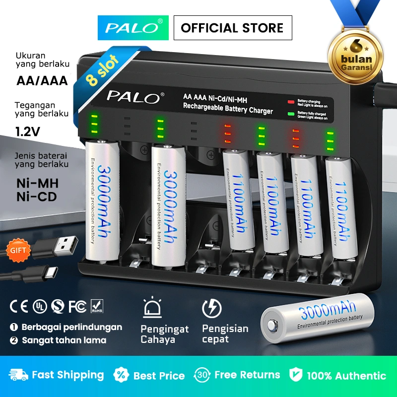 PALO Baterai AA AAA Charger 2A 3A Baterai Cas Baterai Isi Ulang 1.2V Ni-MH/Ni-CD 8 slot charger baterai / batre cas isi ulang / Pengisi baterai / Pengisian Cepat / Pengisi Daya Baterai