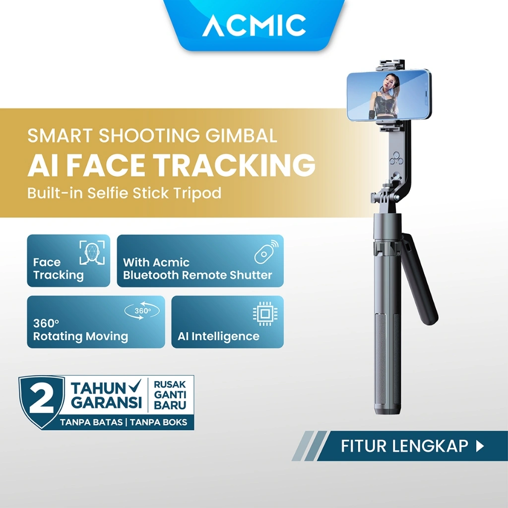 [New Launch] ACMIC QS18 Face Tracking Gimbal Tongsis Tripod Quadpod 4 Kaki Bluetooth Selfie Stick 1.8M (180CM)