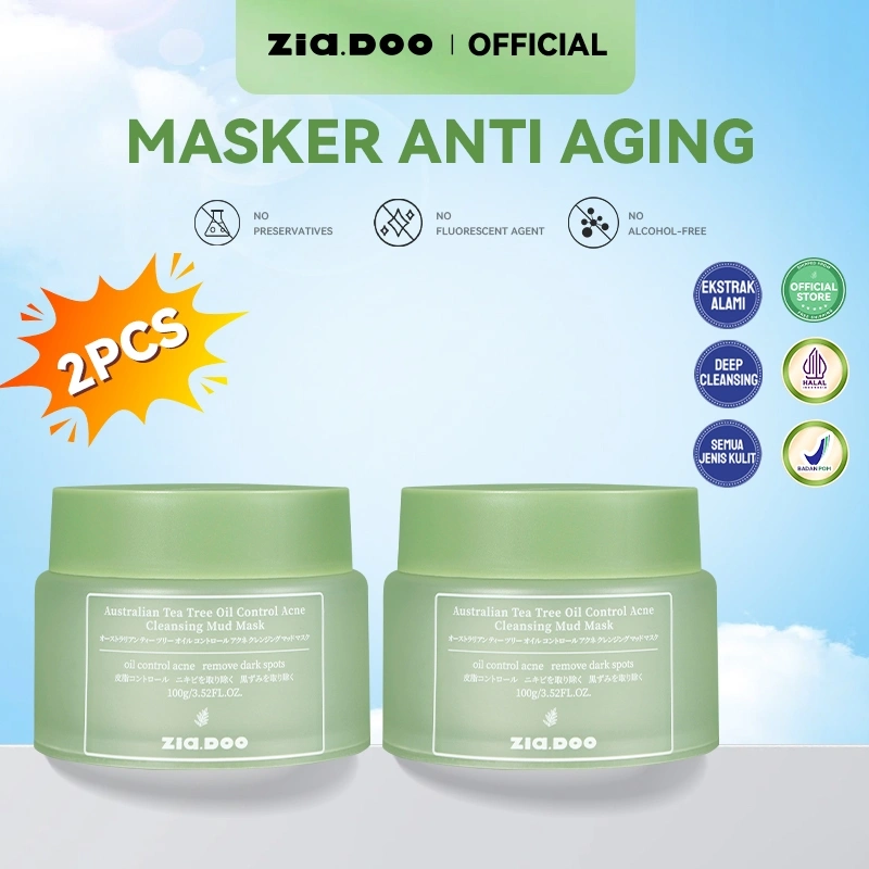 ZIA.DOO [Buy 2 Free Gift ]Australian Tea Tree Oil Clay Mask Anti Aging 2x100ml – Masker Jerawat, Glowing, Kencangkan Kulit, Kontrol Minyak, BPOM