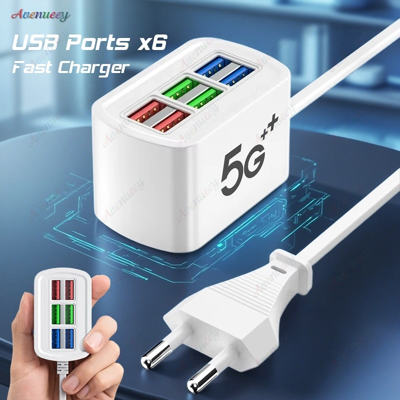6 Port Usb Fast Charger 3.1A Stable Output 5G+ Power Fast Charging Station Dock with Phone Holder