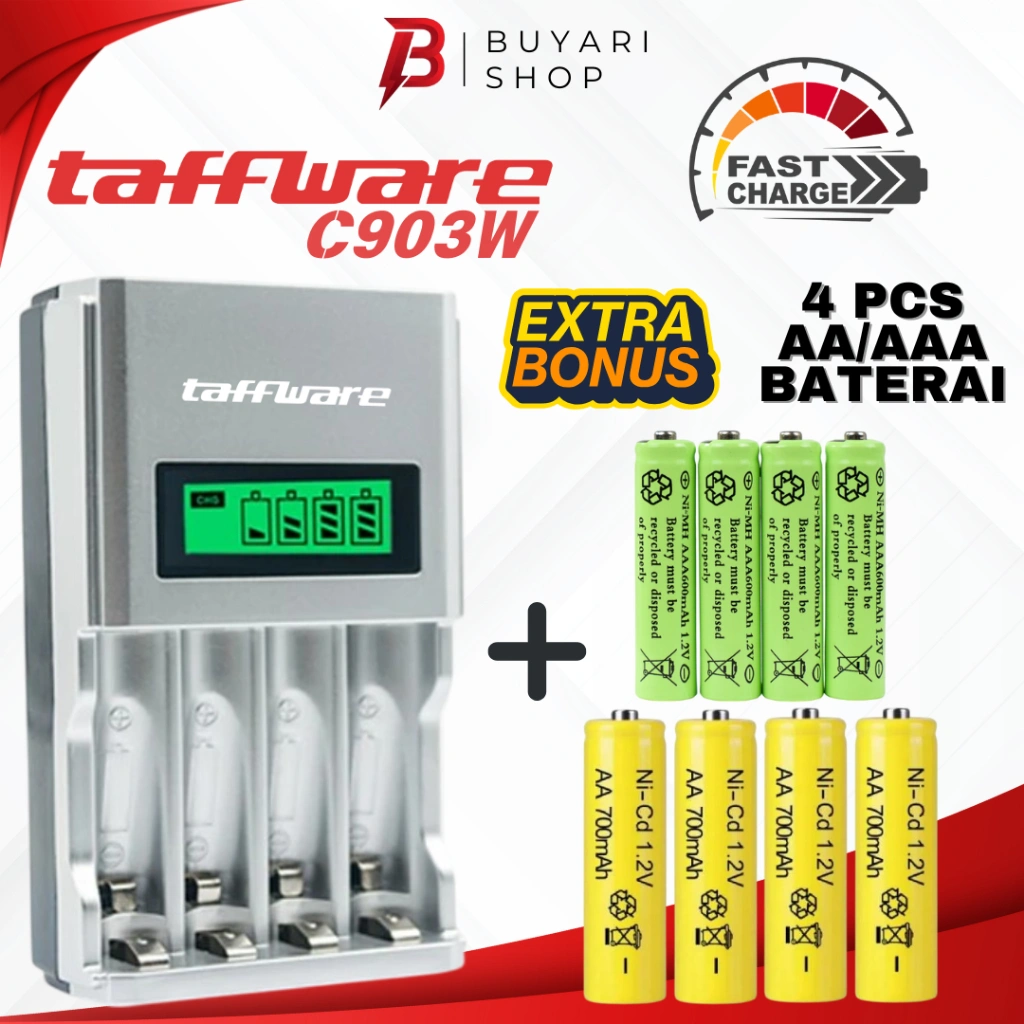 Charger Taffware C903 Smart Intelligent LCD 4 Slot Fast Charging Charger baterai AA I Charger Batre AA - Taffware C903W - Alat Cas Batre AA AAA I Baterai AA Rechargeable