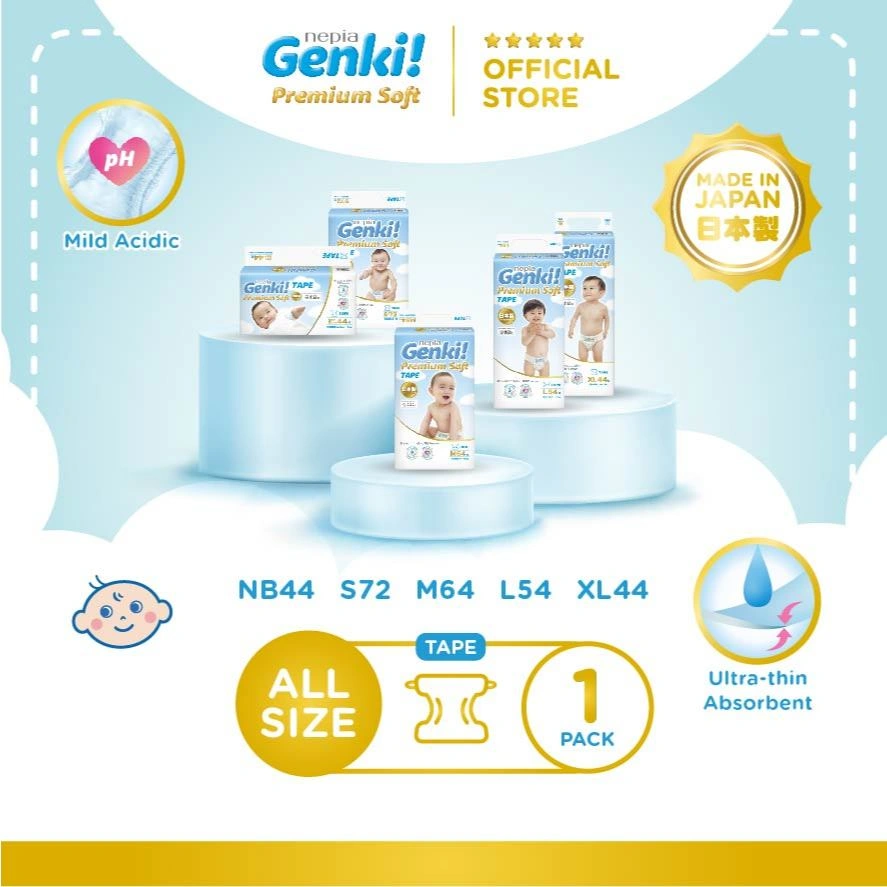 NEPIA GENKI Popok Bayi Tape/Perekat Popok Bayi Diapers Premium Soft NB44 / S72 / M64 / L54 / XL44