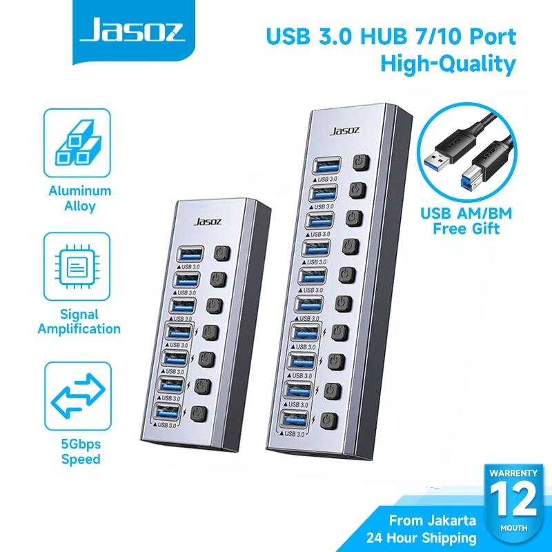 Jasoz 7/10/16 Port USB Hub With Individual Switches USB 3.0 Hub Splitter With External Power Adapter