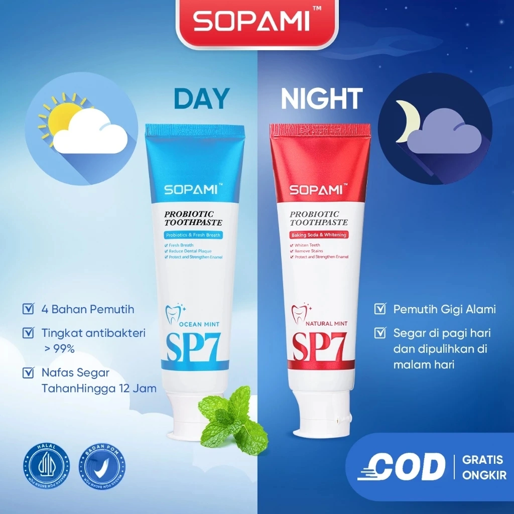 SOPAMI SP7 Pro [New Launch] Pemutih Gigi Paket Combo Siang & Malam Pasta Gigi Pemutih dan Perawatan Gigi Rasa Mint 240g