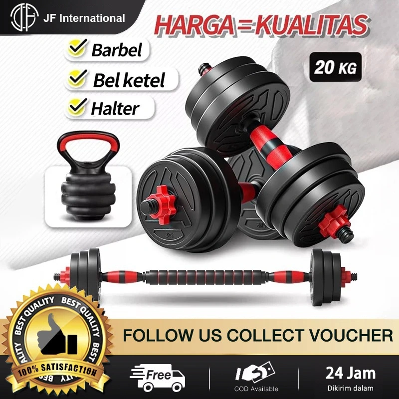 Set Dumbbell 20 Kg/ Barbel 30-40 Kg & Kettlebell – Alat Latihan Beban Fitness Bahan Ramah Lingkungan