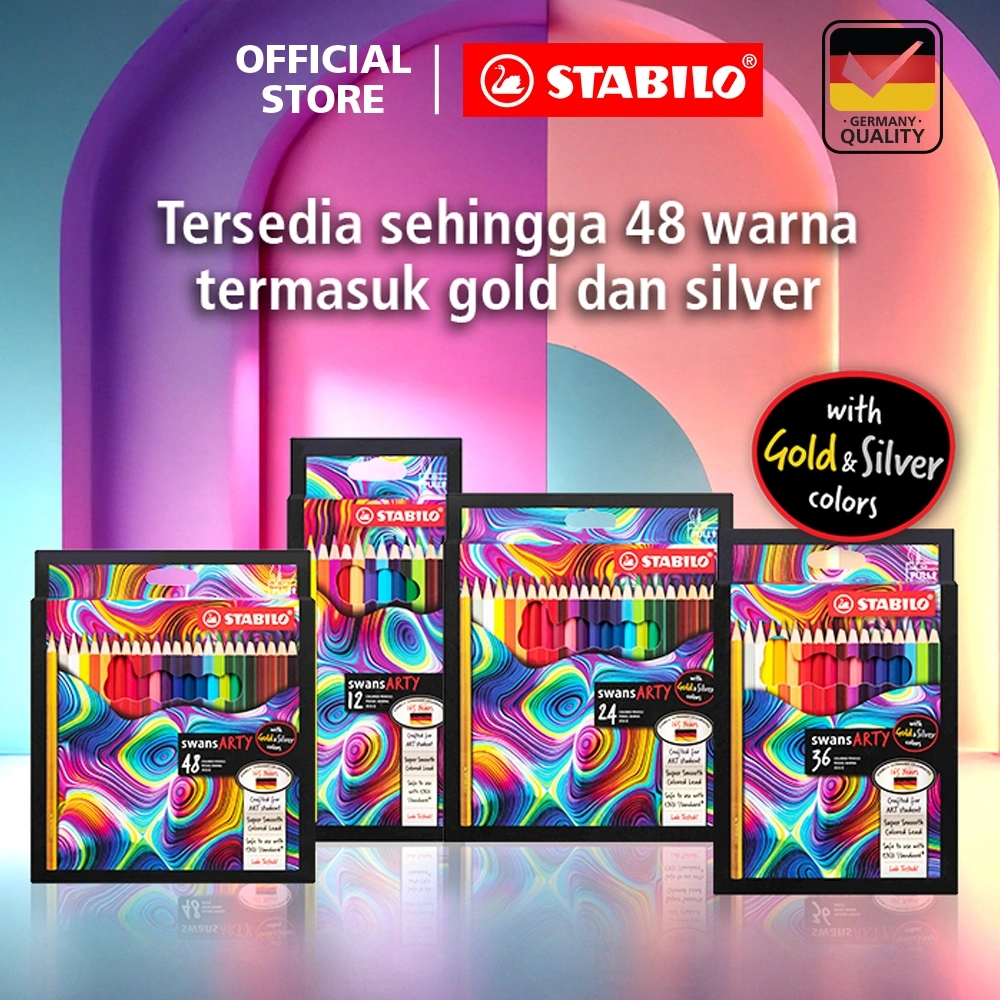 STABILO swans ARTY Colored Pencils / Pensil Warna Set Lengkap Alat Tulis Stationery Panjang Isi 12/24/36/48 FREE Warna Gold & Silver