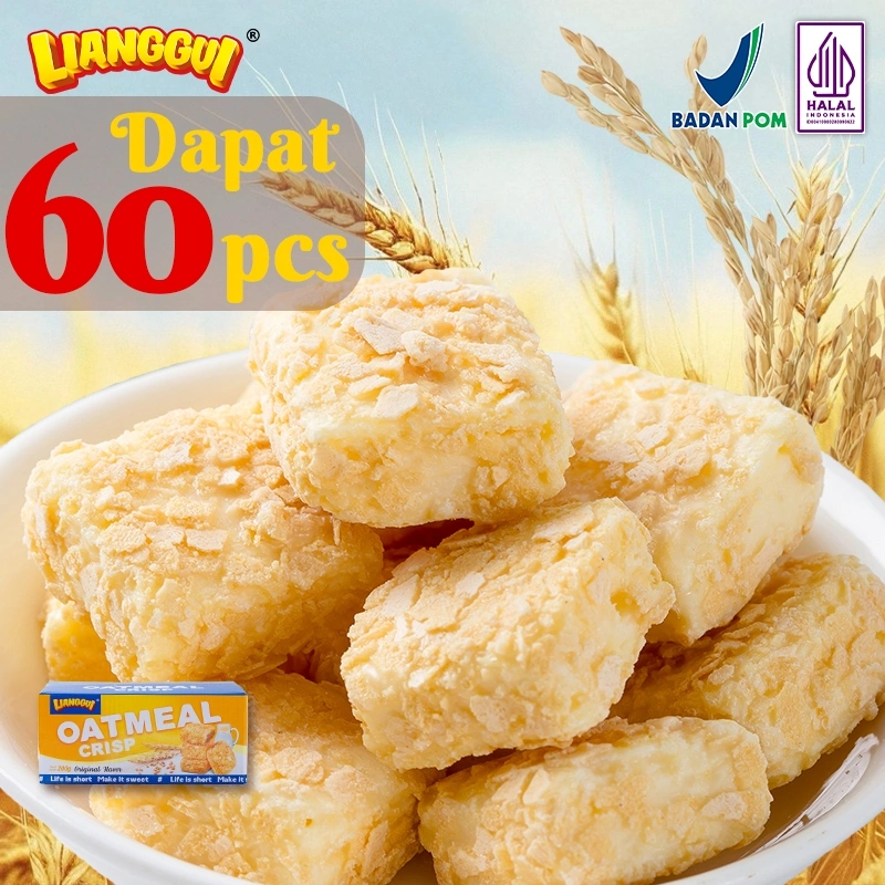 60pcs Oatmeal Crisp Halal Biskuit Gandum Original Cemilan Sehat untuk Teh Sore  Kantor Lianggui