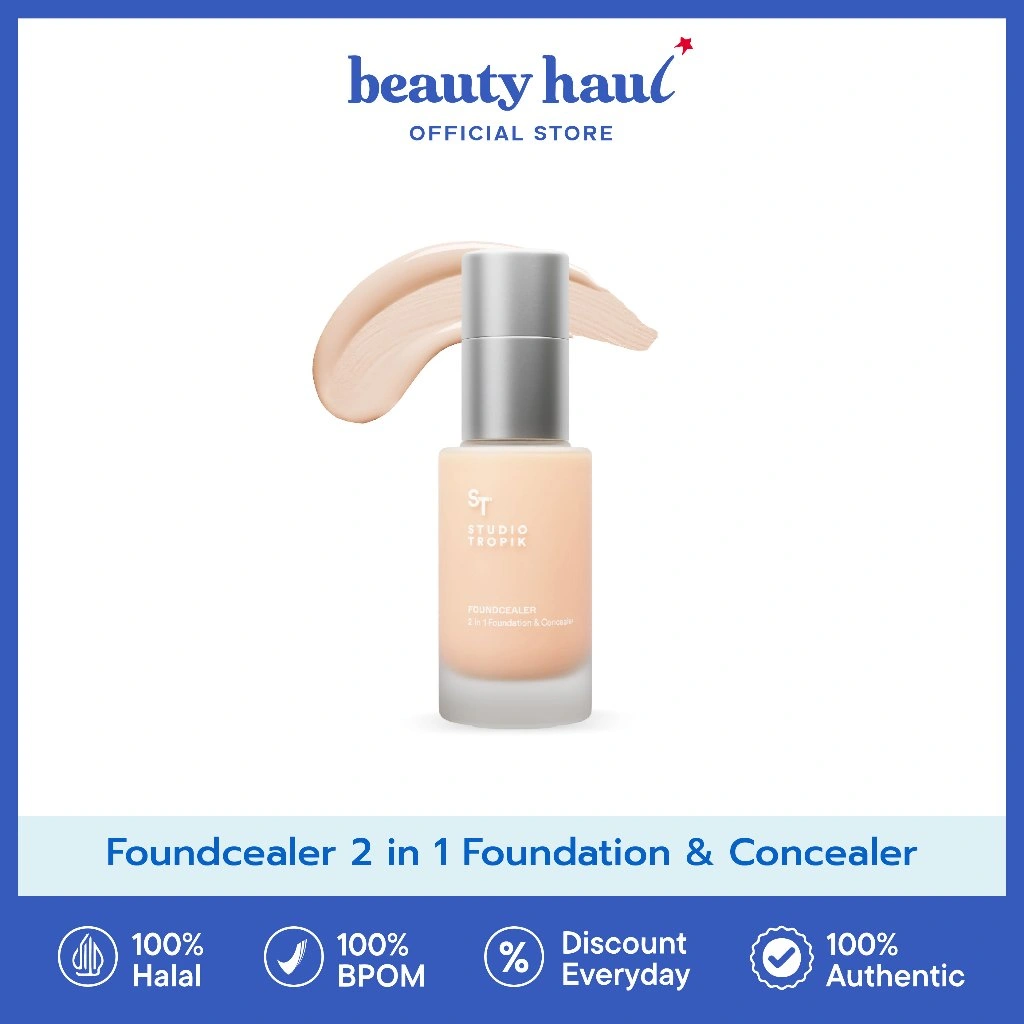 Studio Tropik Foundcealer 2 in 1 Foundation & Concealer - Studio Tropik Fpundation & Concealer, Foundation Concealer 2 in 1, Base Makeup Ringan, Buildable, dan Tahan Lama