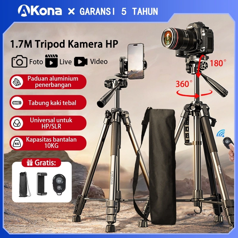 Akona 1.7M Tripod Kamera Handphone Bluetooth Remote Konten Kreator 360° Rotasi Tripod HP Anti Goyang 1/4 Adaptor （Free Tas tripod & Klip Ponsel）