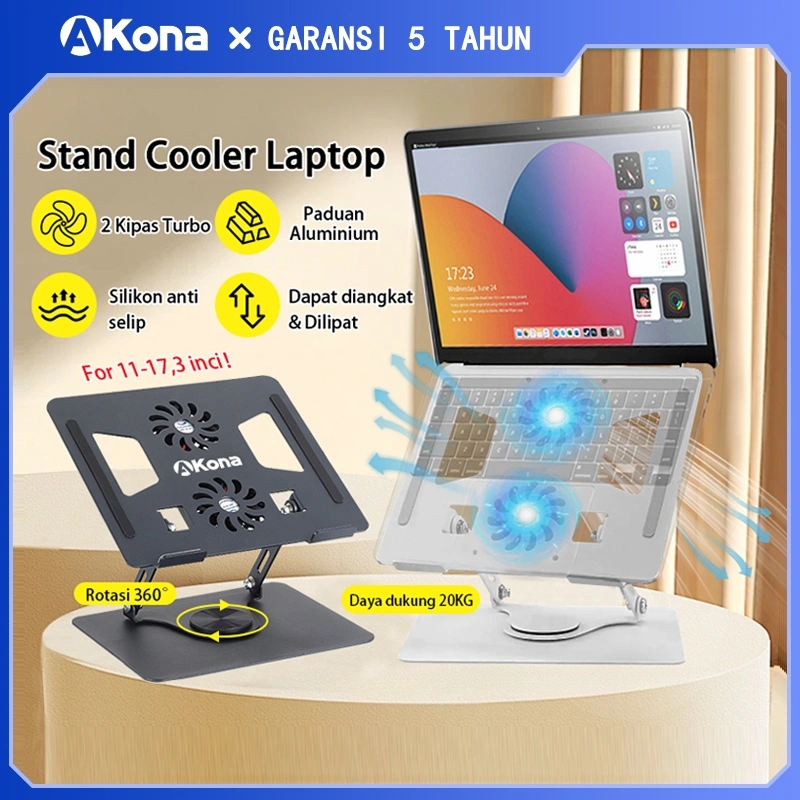 Akona Stand Laptop Rotasi 360° Aluminium Fan Cooler Cooling Pad Laptop Lipat Portable Silent 2 Kipas Pendingin Laptop For 11-17,3 inci