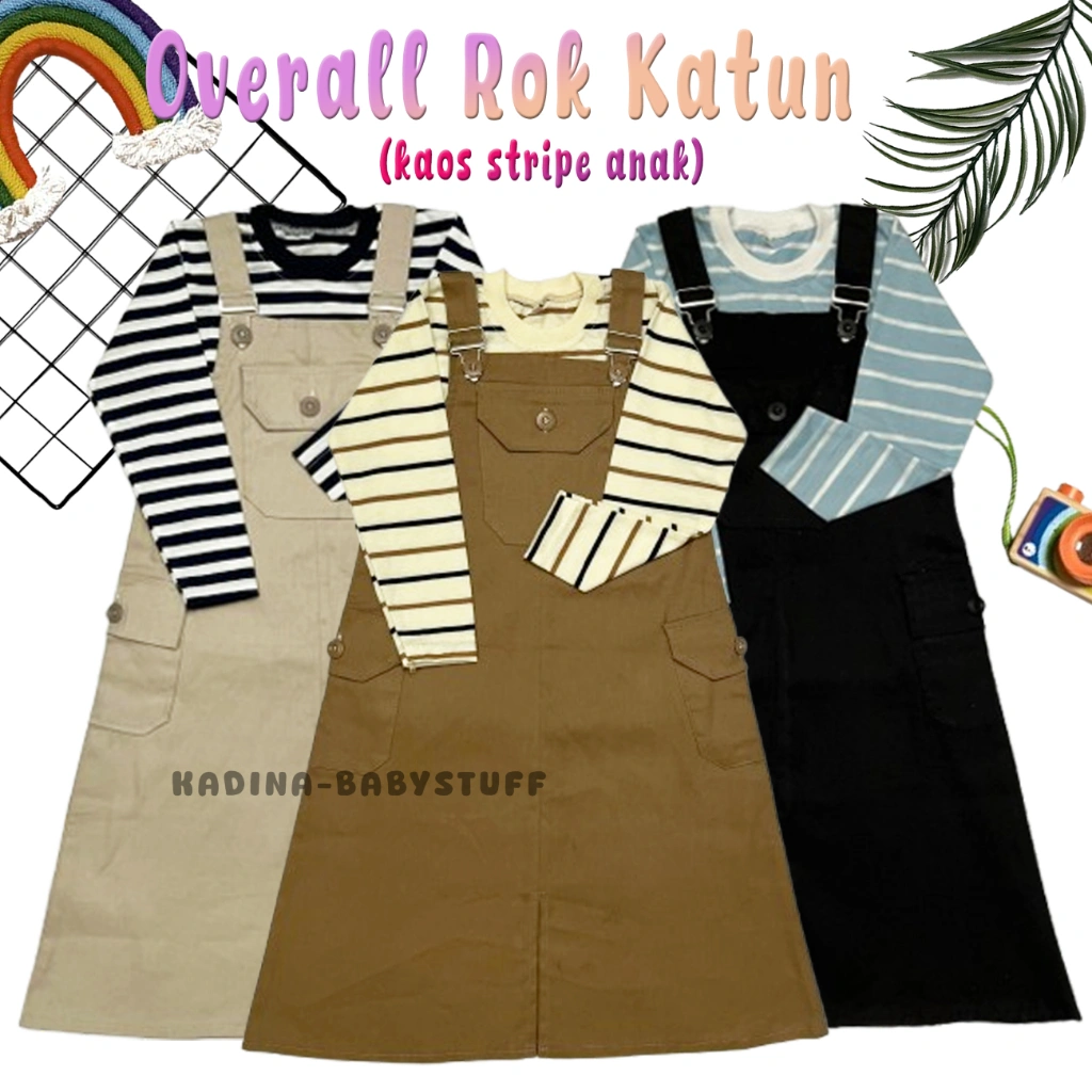 OVERALL ROK KATUN ANAK / SETELAN OVROK ANAK TERBARU / JUMPSUIT ANAK PEREMPUAN / KAOS STRIPE ANAK USIA 1-12 THN