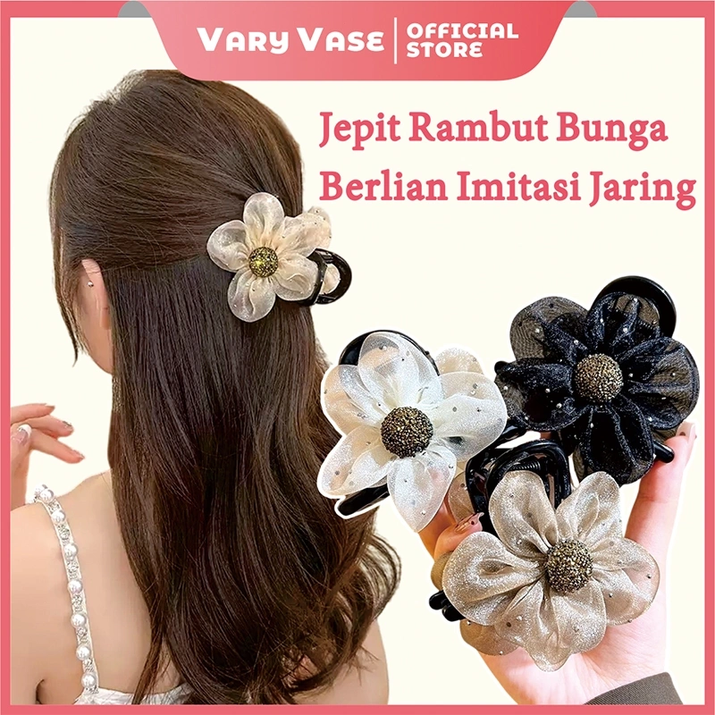 Vary Vase Jepit Rambut Bunga Berlian Imitasi Jaring Aksesori Rambut Gaya Korea Jepit Rambut Wanita Aesthetic