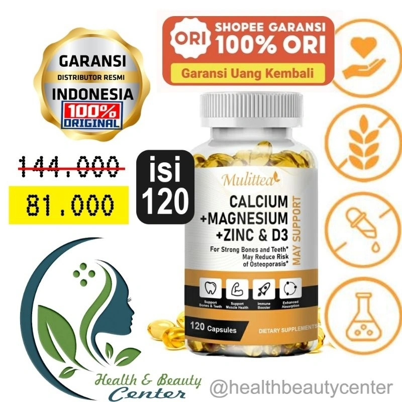 Calcium Magnesium Zinc Mulittea 3-IN-1 120pil Kalsium Magnesium & Seng Kapsul Vitamin D3 Tulang & Gigi Suplemen Mineral -A with Vitamin d3 for Strong Bones & Teeth|Heart, Nerve untuk Tulang Gigi yang Kuat Fungsi Jantung Saraf Kekebalan Tubuh