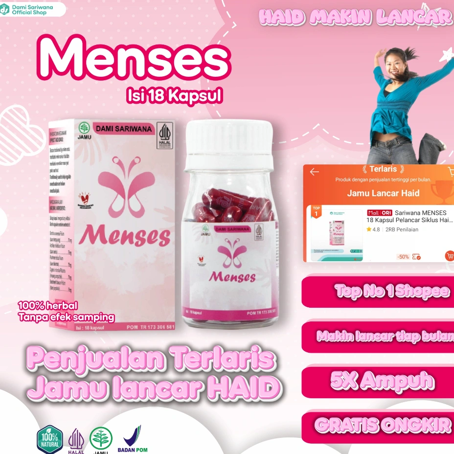 Menses Jamu Herbal 18 Kapsul Dami Sariwana Suplemen Alami Wanita Obat Haid Herbal Pink Pelancar Siklus Haid, Mengurangi Kram, Pereda Nyeri, Menjaga Kesehatan Reproduksi, dan Gangguan Menstruasi BPOM HALAL
