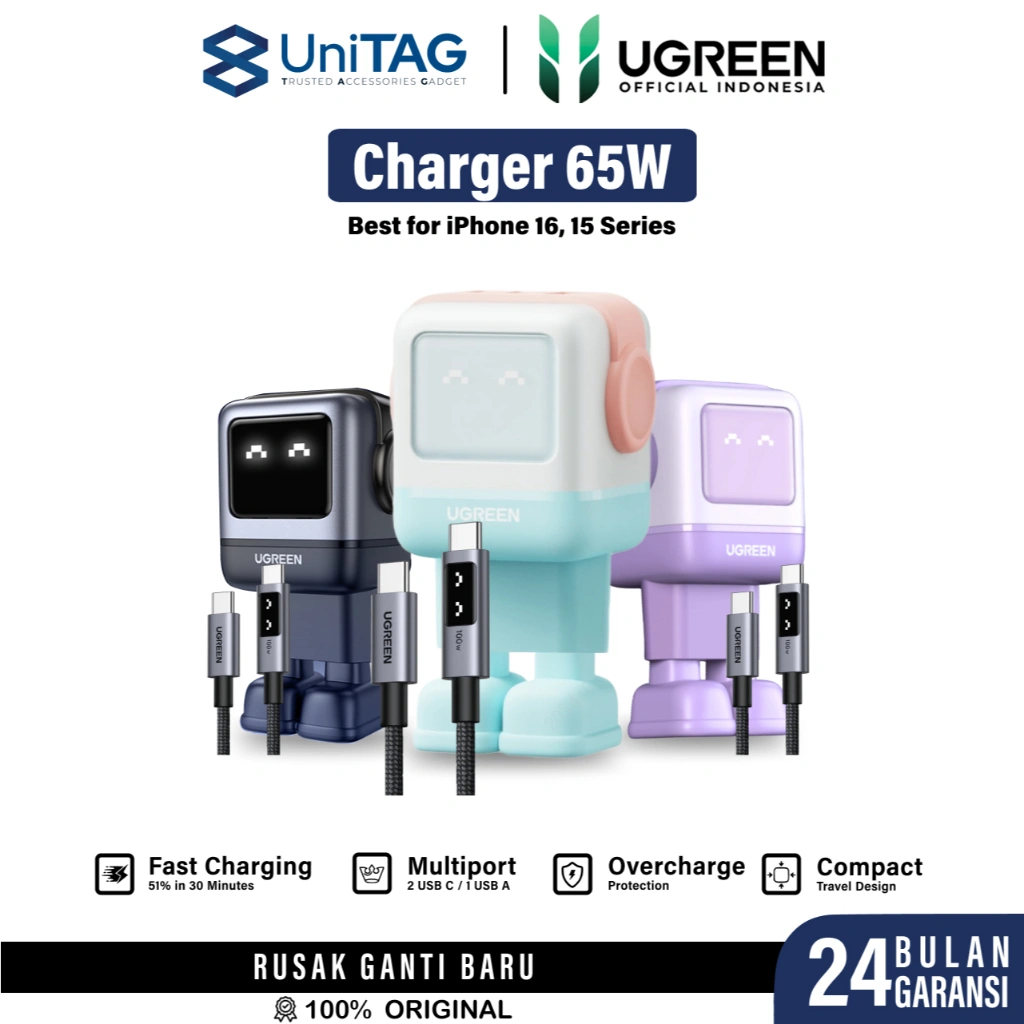 Kepala Charger Macbook Laptop iPhone Samsung iPad UGREEN Robot Uno 65W Adaptor Type C Fast Charging by UniTAG