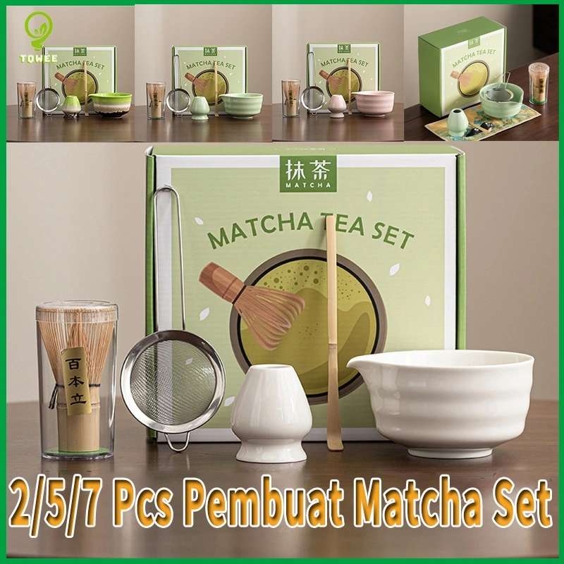 2/5/7/8 Pcs Pembuat Matcha Set Keramik Kerajinan Pembuat Matcha Mangkuk Matcha Keramik / Pengaduk Matcha Bambu / Sendok / Penyangga Whisk Matcha / Mangkuk Keramik