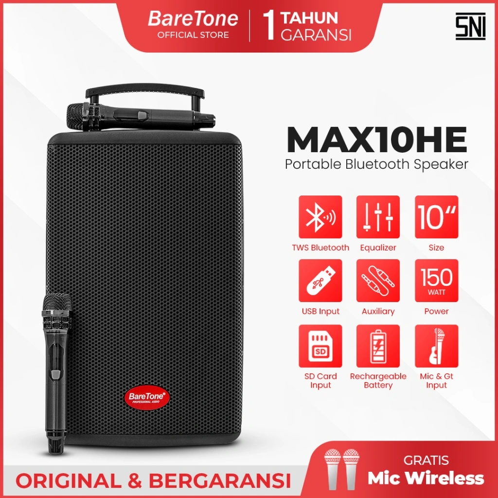 BareTone Speaker Portable MAX10HE  Speaker TWS Bluetooth 10 Inch Portable Support Micro SD & USB -Garansi Resmi 1 Tahun