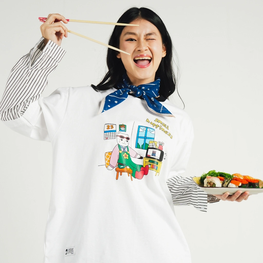 ANSSY - Small Happiness Longsleeve White - Kaos Lengan Panjang Kombinasi