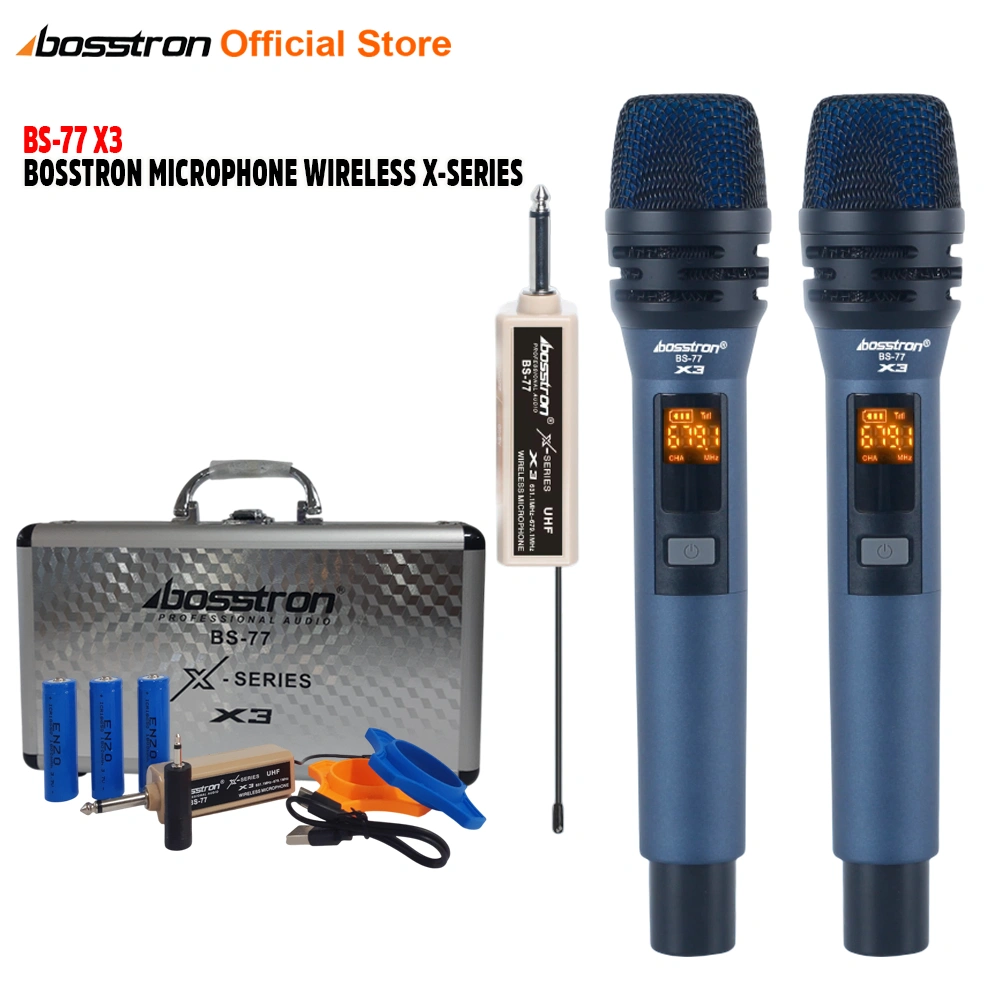 Bosstron Mic Wireless Karaoke BS-77 X3 Microphone Tanpa Kabel Mikropon  Body Besi Case Koper