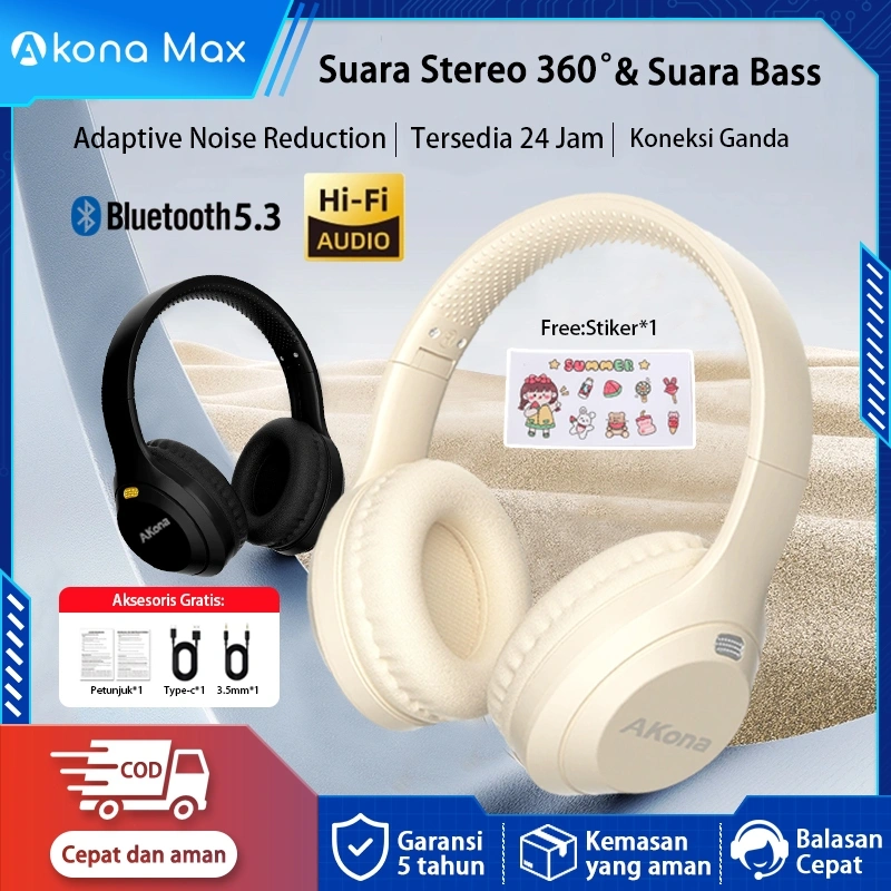Akona Headphone Bluetooth 5.3 Hifi Bass Wireless Gaming Headset Bluetooth With Mic HD Noise Reduction Suara Sekitar 360° Earphone Bluetooth Free Stiker + Kabel Audio AUX