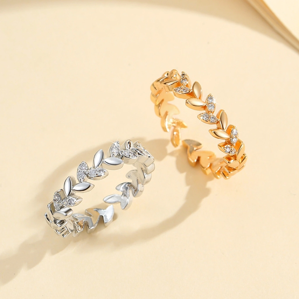 Lanme Jewelry Cincin Kristal Daun Berlapis Emas Anti Luntur Stainless Steel Untuk Wanita Dewasa Aksesoris Perhiasan Fashion LM728