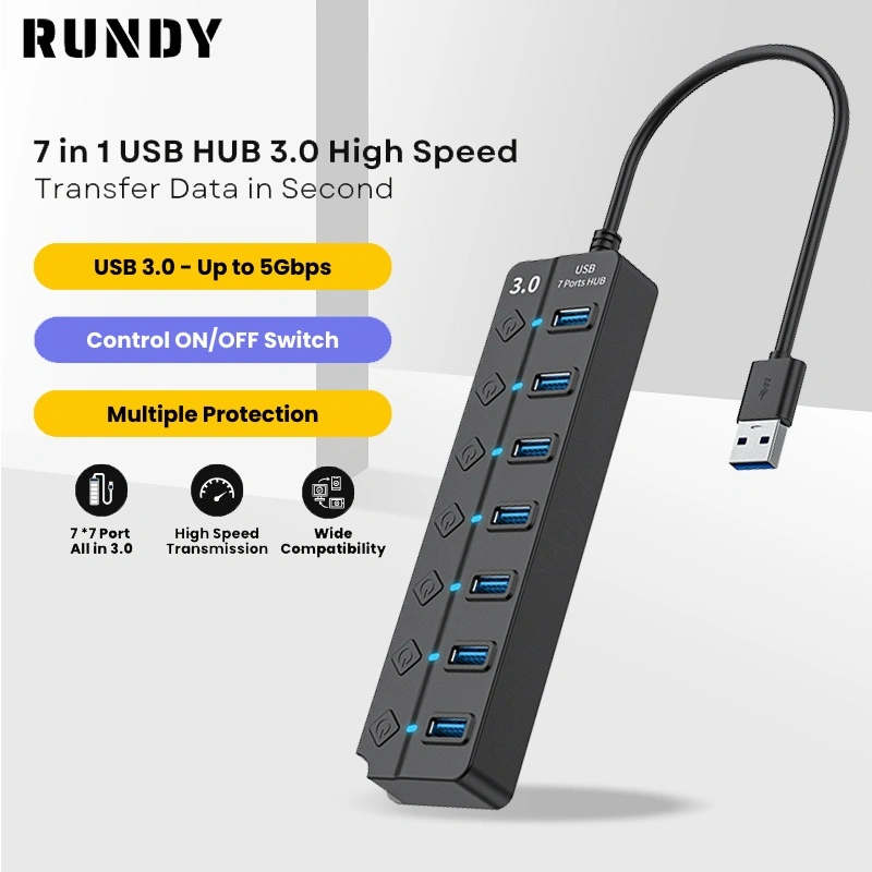 RUNDY COD USB Hub 4-in-1 7-in-1 USB 3.0 5Gbps saklar independen KV-AD22 Black Aksesoris Desktop & Laptop