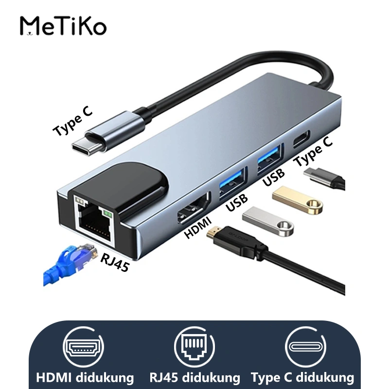 MeTiko Converter Adaptor 5in1 Type-C to HDMI /Type-c/ USB3.0 LAN -100Mbps Hub