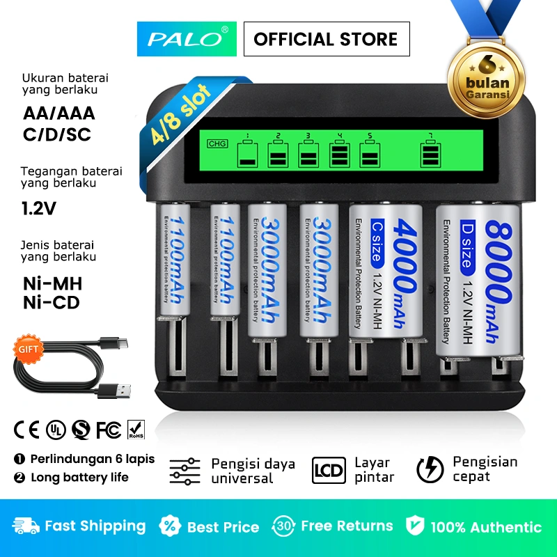 PALO Fast Charger Baterai For AA AAA C D 1.2V Ni-MH Ni-CD Baterai Isi Ulang Casan Batre / USB Intelligent Battery Charger / Pengisi baterai / Pengisi Daya Baterai / Cas Batre