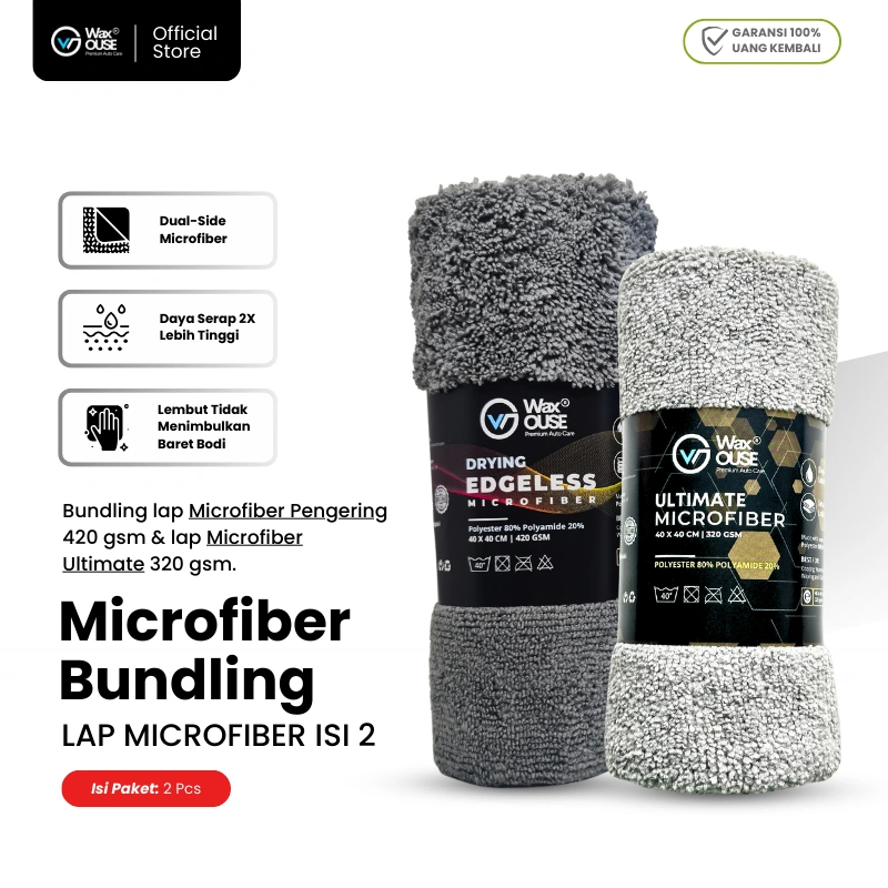 Paket Lap Microfiber Mobil & Motor Waxouse – Drying Edgeless 420GSM + Ultimate 320GSM Super Halus