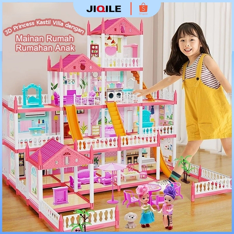 JIQILE Mainan Rumah Rumahan Anak Perempuan 3D Princess Kastil Villa dengan Lampu dan Boneka Perakitan DIY Rumah Mainan